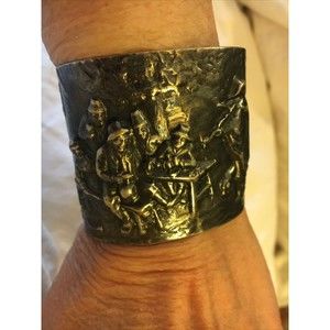 Vintage Hans Jensen Denmark Repousse Hammered Scene Silver Plated Cuff Bracelet